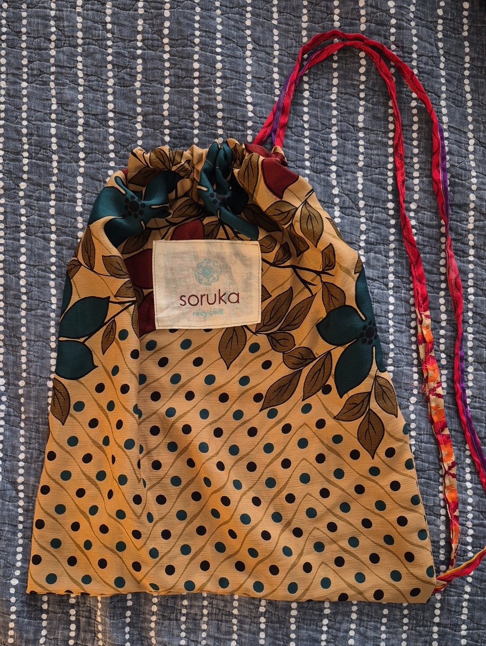 Soruka Beige Floral Drawstring Bag with Teal and Maroon Flowers